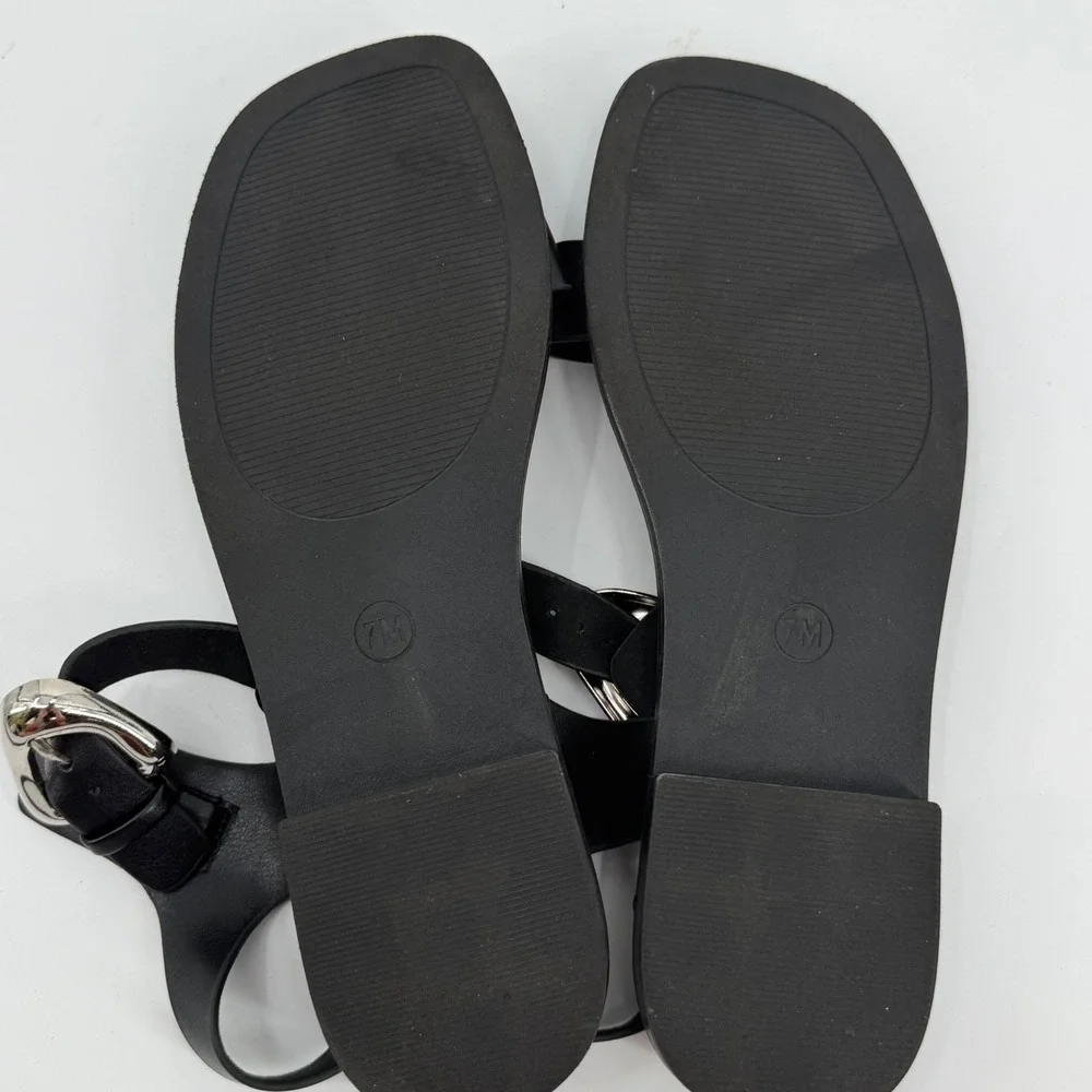 Cushionaire Womens Black Square Toe Sandals Silver Buckle Ankle Strap Size 7M